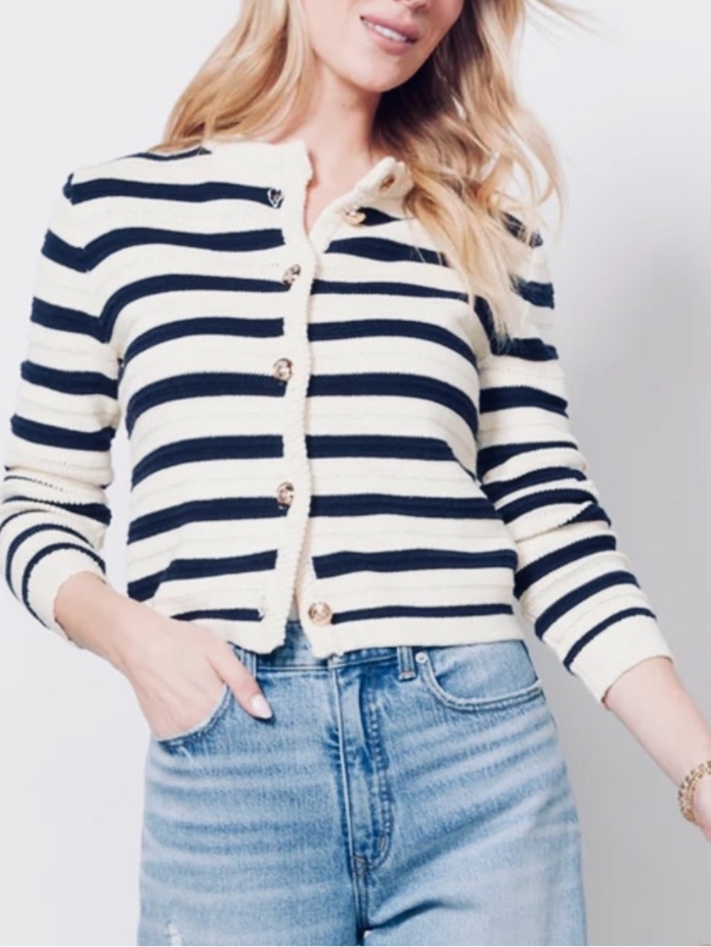 JOHN + JENN Lenora Striped Crewneck Cardigan Sweater - Navy and Cream